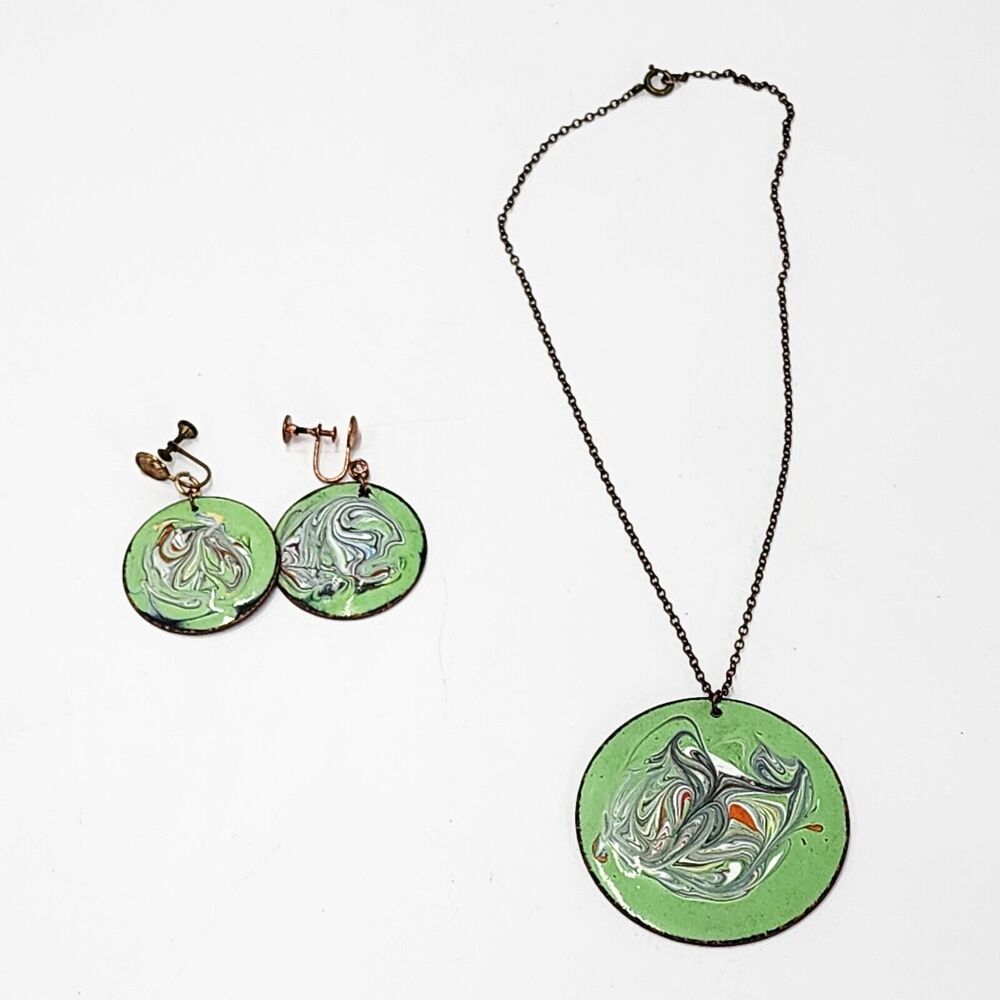 Vintage Enamel On Copper Swirl Necklace Screwback Earrings Jewelry Set MCM